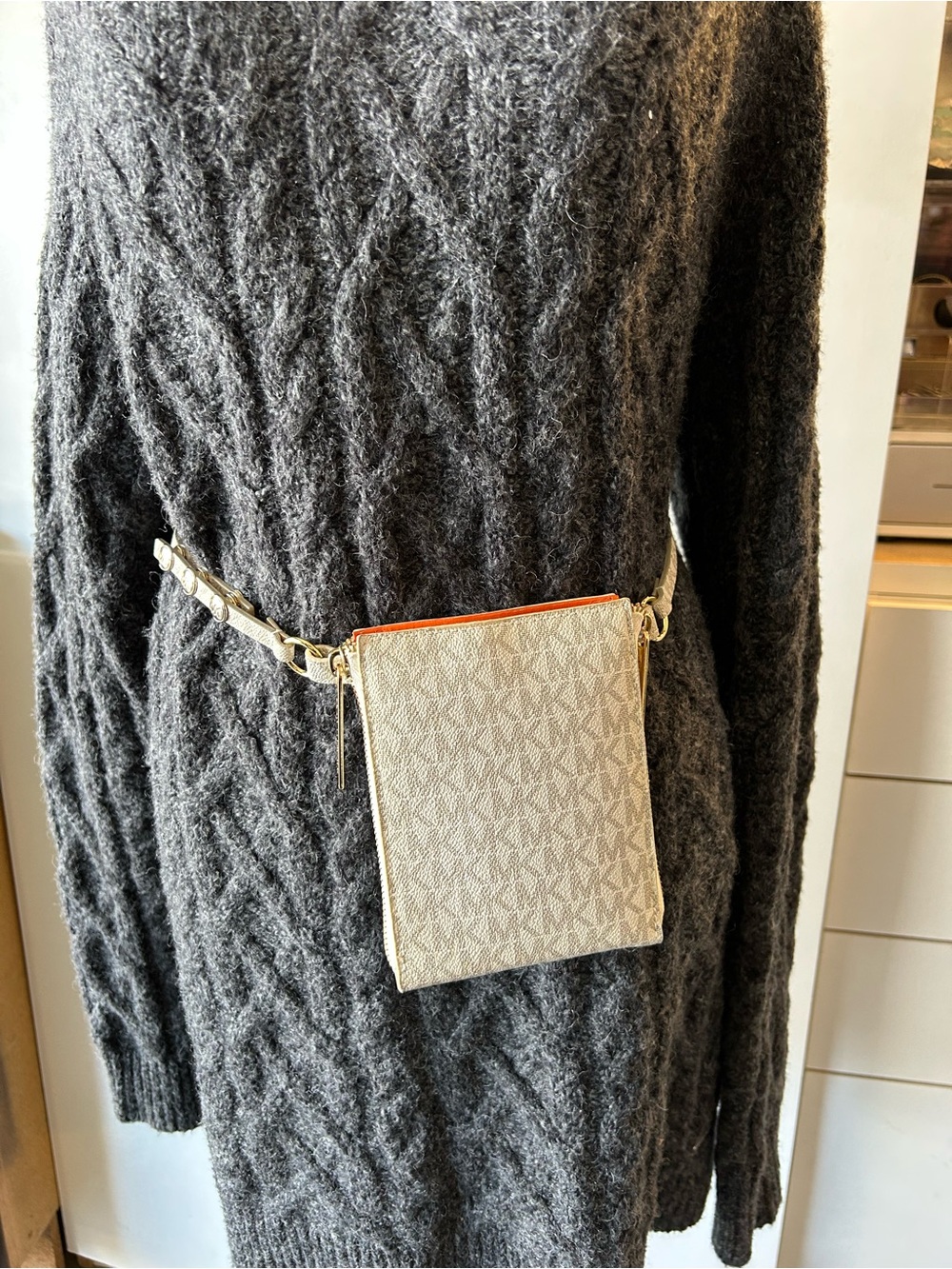 Michael Kors Beige Signature Mini Belt Bag with Orange Trim